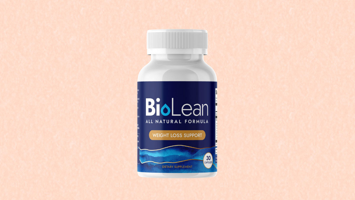 BioLean supplement bottle with green leaves on a white background