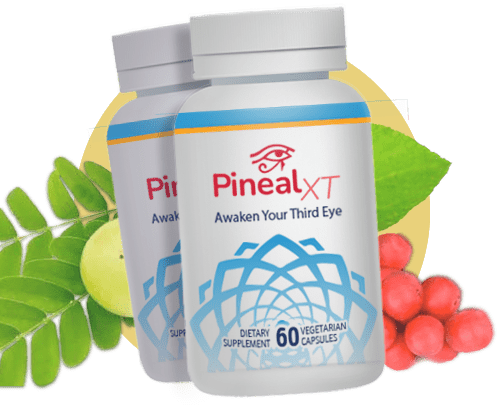 Pineal XT supplement bottle with a glowing pineal gland symbolizing spiritual awakening and enhanced consciousness.