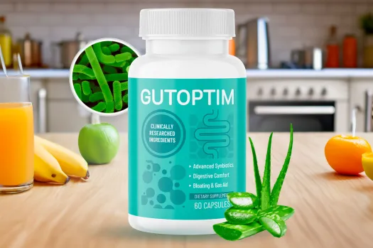 GutOptim supplement bottle surrounded by colorful fruits and vegetables, representing the natural ingredients and benefits for gut health.