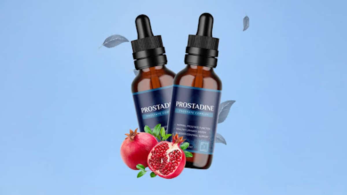 A bottle of Prostadine, a holistic remedy for prostate health, surrounded by natural ingredients like saw palmetto, pygeum africanum, nettle root, pumpkin seeds, tomatoes, and supplements like zinc, selenium, and vitamin E.
