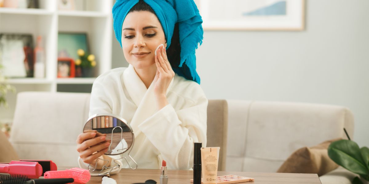 Women apply skin care products