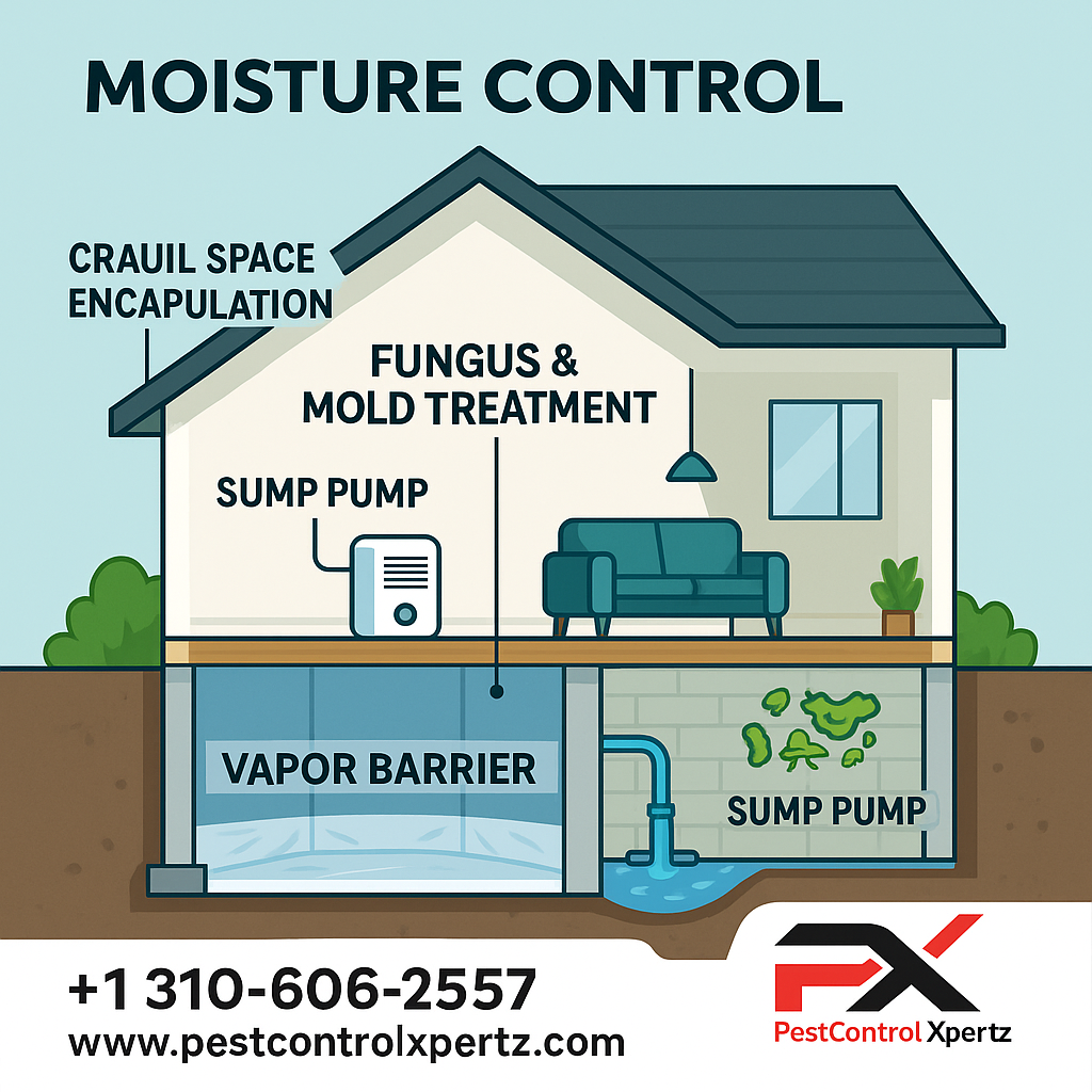 Cross-section of a home showing crawl space encapsulation, vapor barriers, dehumidifier, and sump pump systems used for moisture control and pest prevention.
